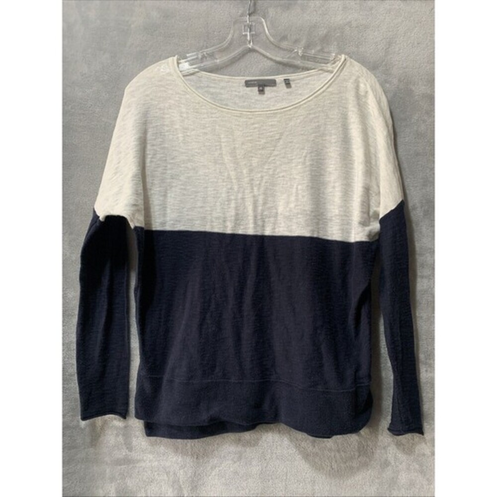 Vince Womens‎ Sweater XS Ivory Navy Blue Colorblock Dolman Sleeve Cotton Flaw